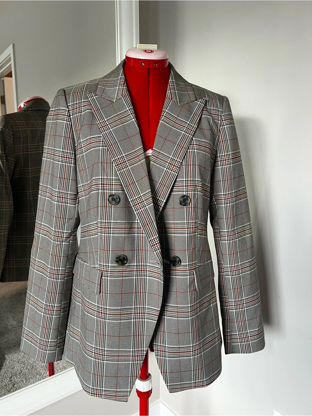 J. Crew Double-Breasted Plaid Blazer in Grey with Red Accents